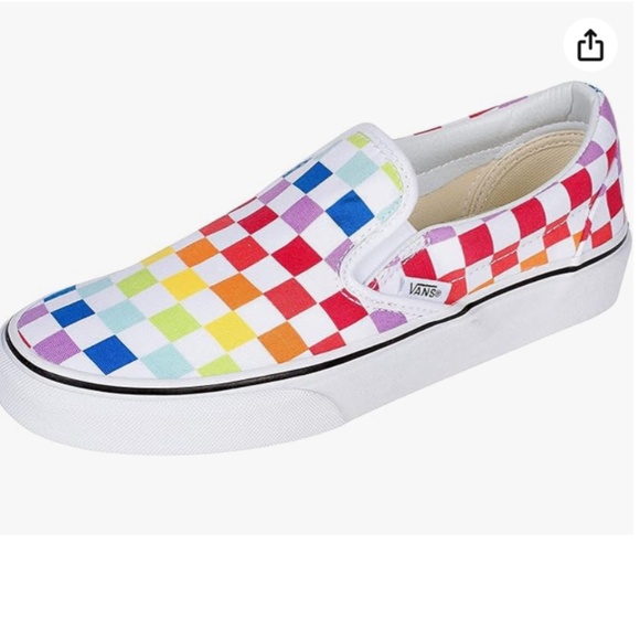 Vans Asher Canvas Slip On Sneakers Sz 8 White Rainbow Checkerboard - Picture 2 of 14